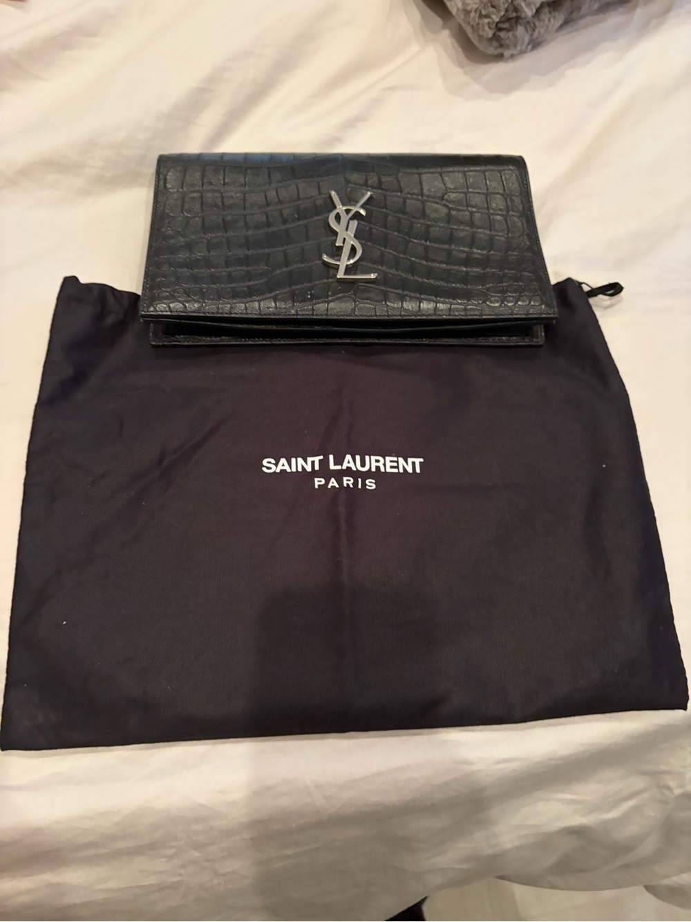 Saint Laurent Black Croc-Embossed Wallet with Silver YSL Logo
